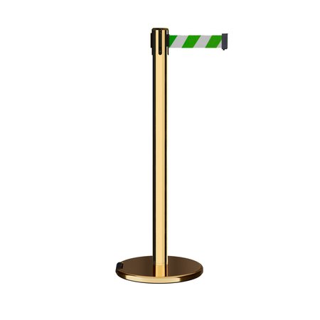 MONTOUR LINE Retractable Belt Rolling Stanchion, 2.5ft Pol.Brass Post  9ft. Grn/Wh ME630-PB-GWD-90